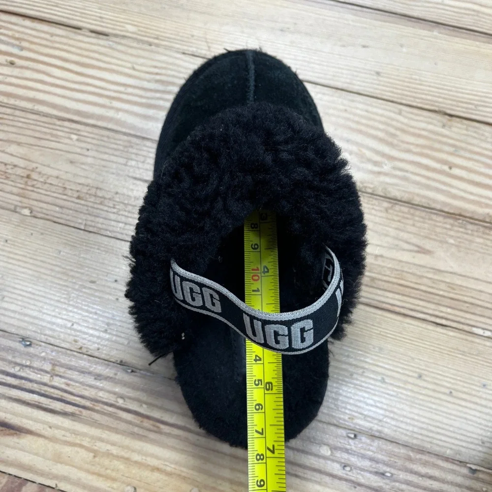 UGG Funkette Black Suede Platform Slingback Slippers Sheepskin Kids slip on sz 9